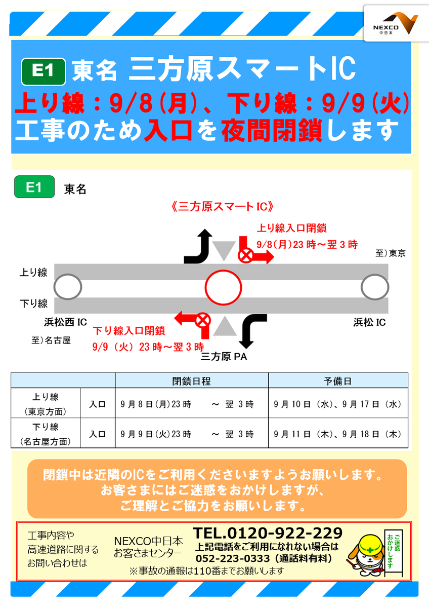 東名 #三方原スマートIC 入口 夜間閉鎖のお知らせ（予告）】 ETC設備の