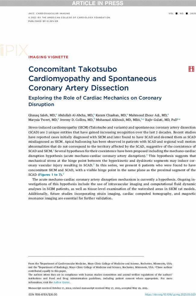 Mohamad Alkhouli (@adnanalkhouli) on Twitter photo This case series from our lab illustrates the concept of Acute Mechano-Cardiac Coronary Artery Disruption described earlier by <a href="/rajivxgulati/">Rajiv Gulati</a> in 2024.
These cases demonstrate that in Takotsubo syndrome, extreme and opposing wall-motion abnormalities (dyskinesis adjacent to This case series from our lab illustrates the concept of Acute Mechano-Cardiac Coronary Artery Disruption described earlier by <a href="/rajivxgulati/">Rajiv Gulati</a> in 2024.
These cases demonstrate that in Takotsubo syndrome, extreme and opposing wall-motion abnormalities (dyskinesis adjacent to