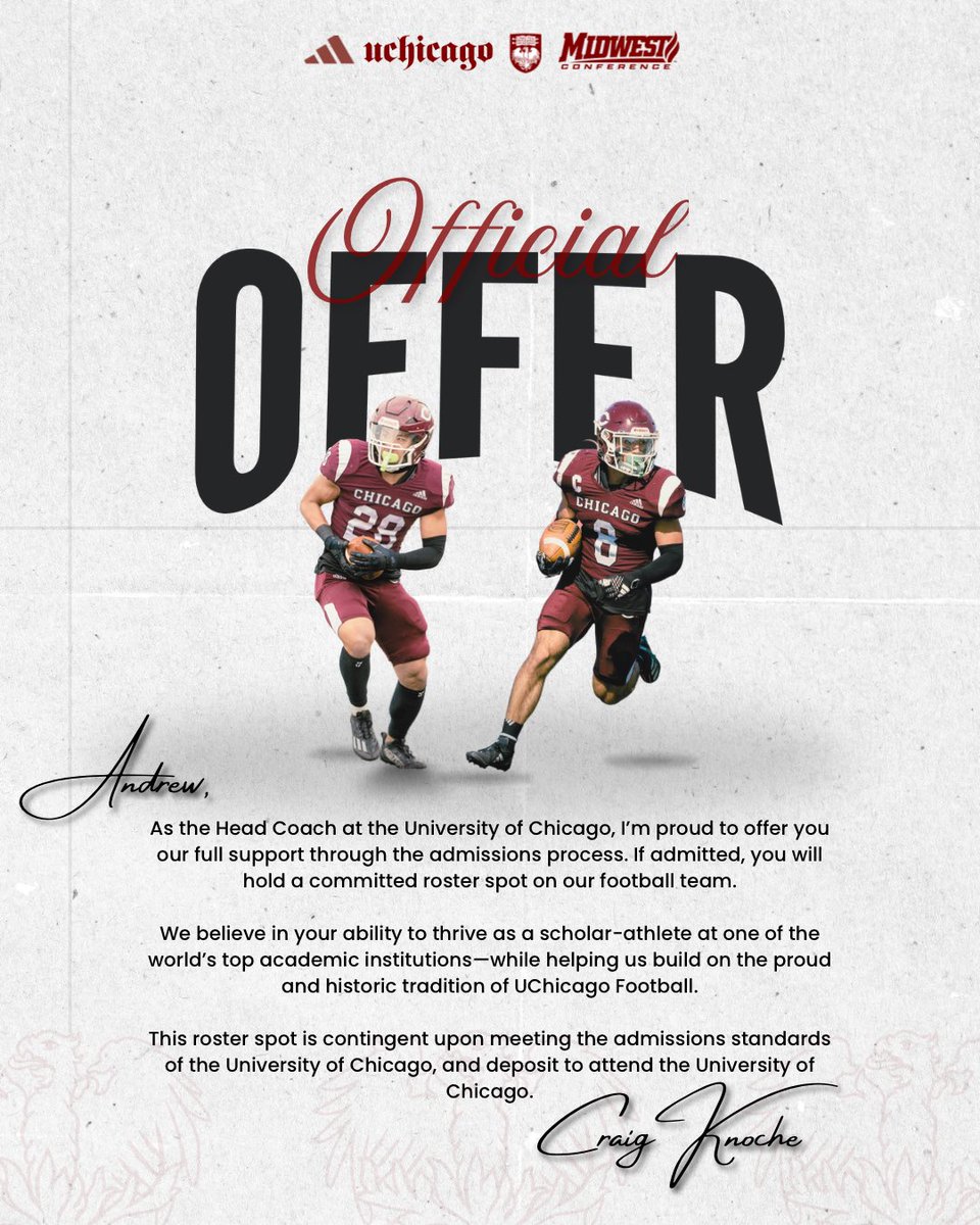 Andrew (@andrewc_2257) on Twitter photo After a great conversation with <a href="/CoachK_UChicago/">Craig Knoche</a>, I’m blessed to receive an offer of admissions support from the University of Chicago!
<a href="/Coach_Veltri/">Kevin Veltri</a>
<a href="/stjohnsmavs/">SJS Athletics</a>
<a href="/TXPrivateFBGuy/">Texas Private School Football</a>
<a href="/TXPSMedia/">Texas Private School Media</a> After a great conversation with <a href="/CoachK_UChicago/">Craig Knoche</a>, I’m blessed to receive an offer of admissions support from the University of Chicago!
<a href="/Coach_Veltri/">Kevin Veltri</a>
<a href="/stjohnsmavs/">SJS Athletics</a>
<a href="/TXPrivateFBGuy/">Texas Private School Football</a>
<a href="/TXPSMedia/">Texas Private School Media</a>