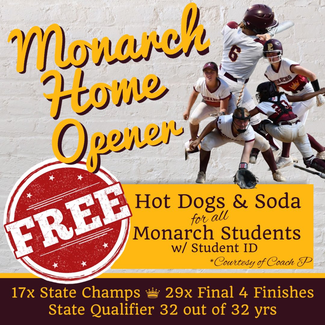👑Calling Monarch Nation to fill the stands &amp; be loud this Tuesday👑

🚨Free Hot Dog &amp; Soda for All Loud 📣Monarch Students:
            • w/ student ID &amp; Monarch Gear

vs. Elkhorn South Storm
⌚️Tuesday - 6:30 pm. 📍LaVista Park