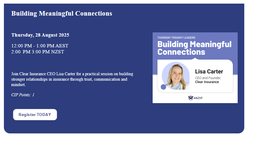 Clear_Insurance's tweet photo. Join our CEO, Lisa Carter, for an insightful webinar on the art of building connections through trust, communication and mindset.

The webinar is part of the @ANZIIF Thursday Thought Leaders program.

Register Now >> https://t.co/LqEJ0hI7qD

#clearinsurance #anziif #insurance https://t.co/lSUawrI43H