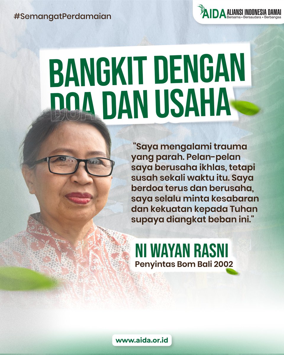 SuaraAIDA's tweet photo. Sobat AIDA, dari Ni Wayan Rasni kita belajar untuk bisa bangkit dari keterpurukan dengan doa dan usaha.

#penyintasterorisme #perubahan #suaraaida https://t.co/thhVgFtkCW
