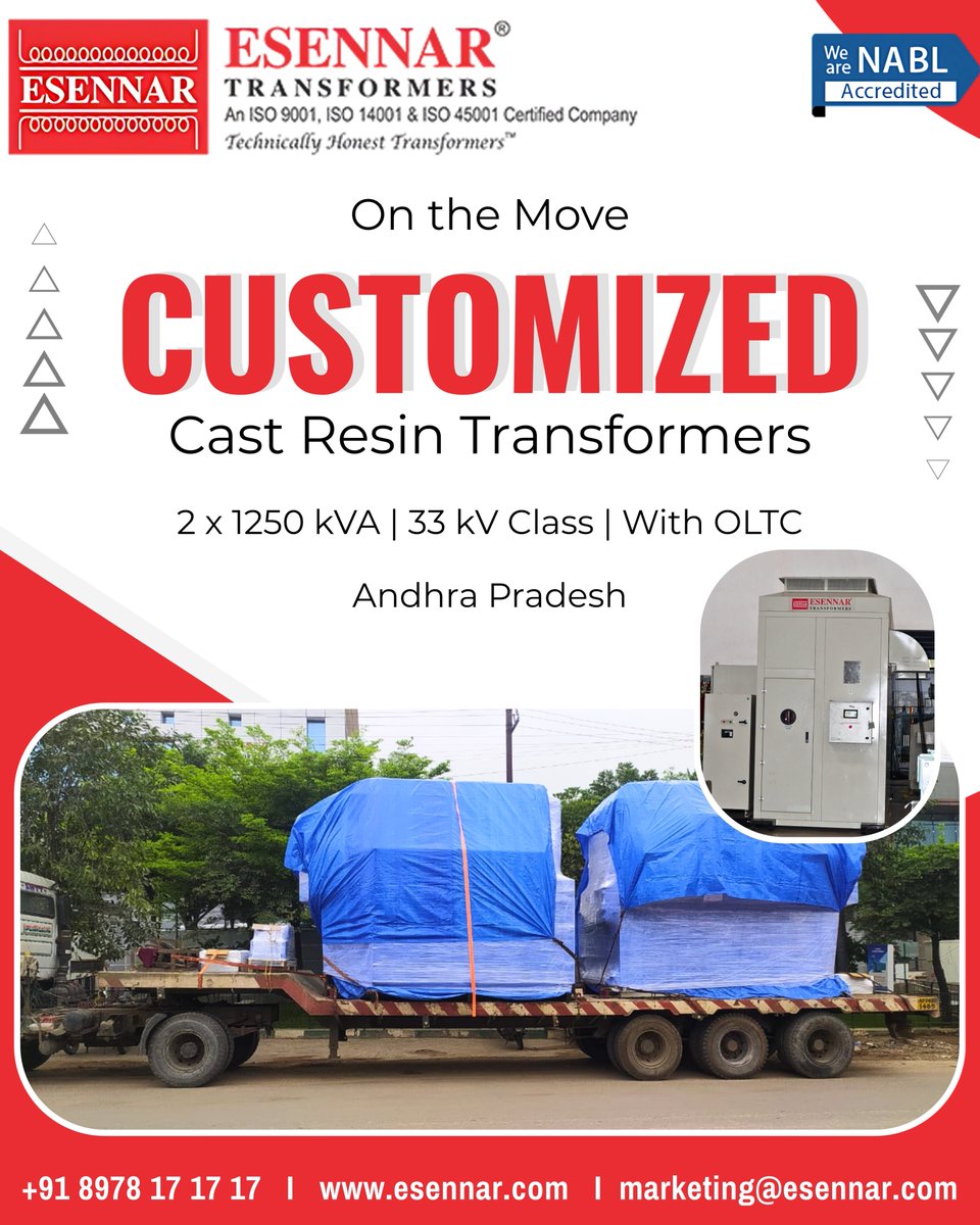 Esennar12's tweet image. Not just transformers — customized solutions for every power need.
Esennar delivers 2×1250 kVA Cast Resin Transformers with OLTC to Andhra Pradesh.
Visit us at: esennar.com
#EsennarTransformers #CastResinTransformers #CustomizedSolutions #AndhraPradesh #OLTC