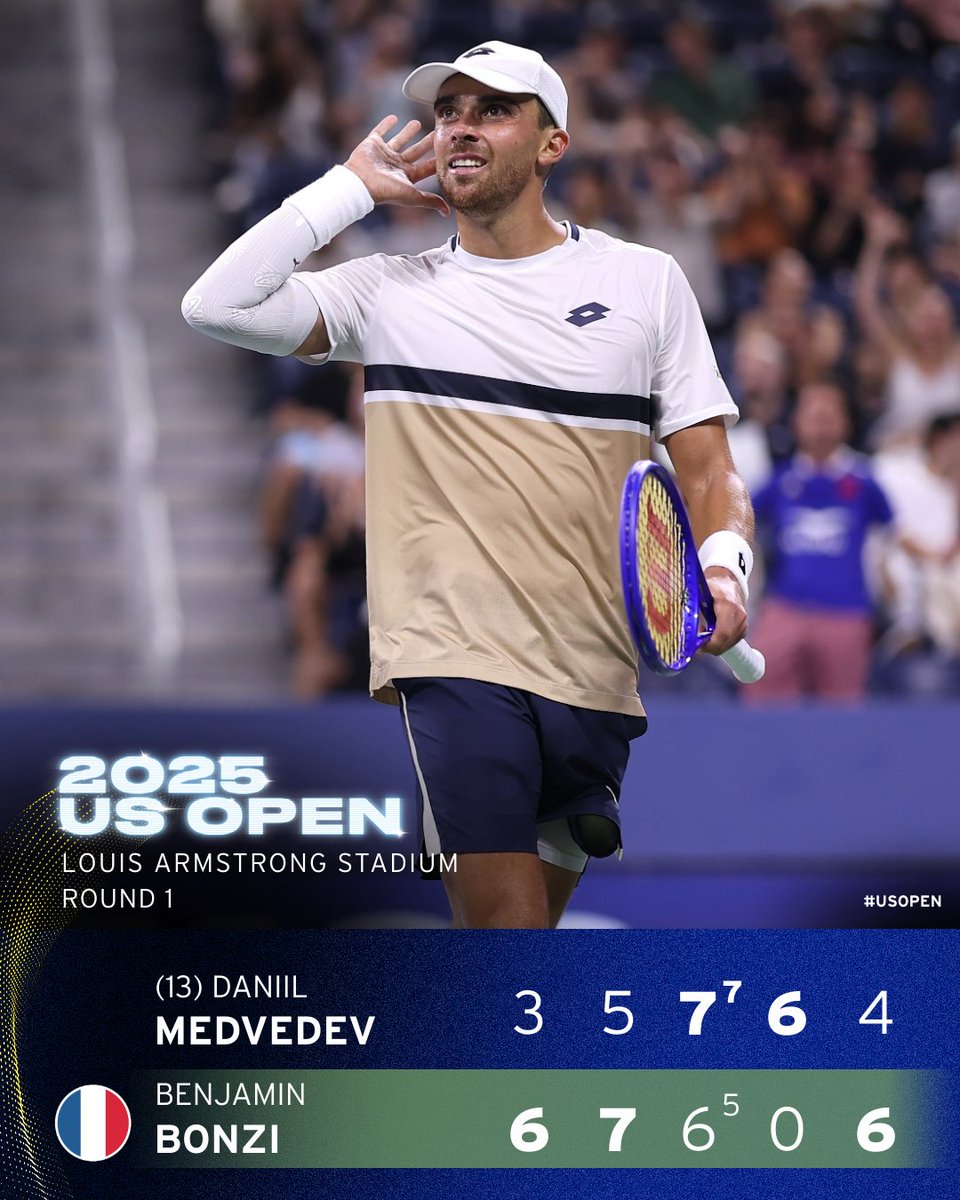 Benjamin Bonzi defeats Daniil Medvedev in five sets and is into Round 2 👀