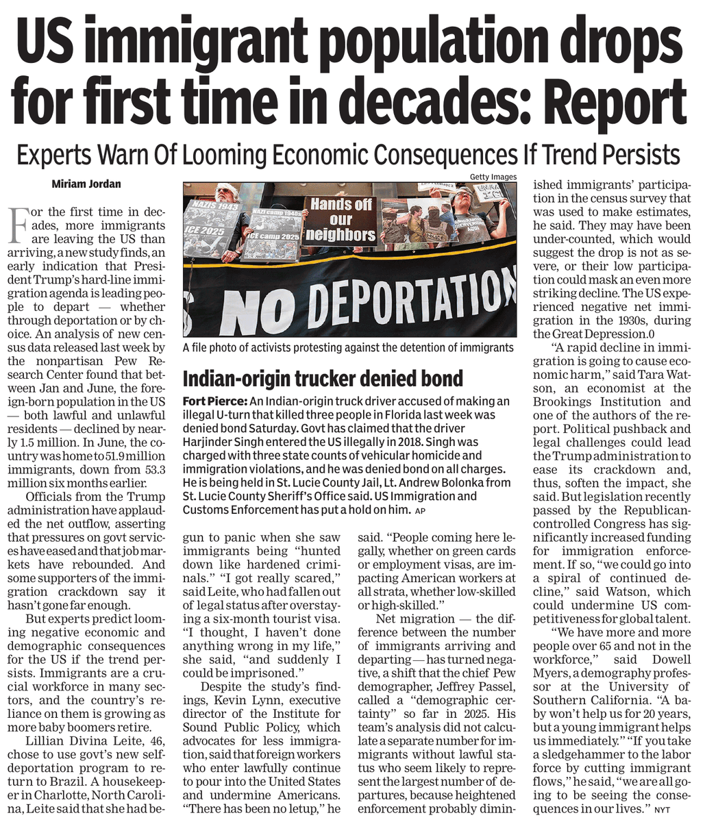 KaliKamlesh's tweet image. 🇺🇸    For the first time in 50+ years, the US immigrant population is shrinking—down 1.4M in 6 months. Applauded by some, but experts warn of economic fallout.Policy must balance control with contribution. #Immigration #USPolicy #PewStudy @realDonaldTrump  @gork