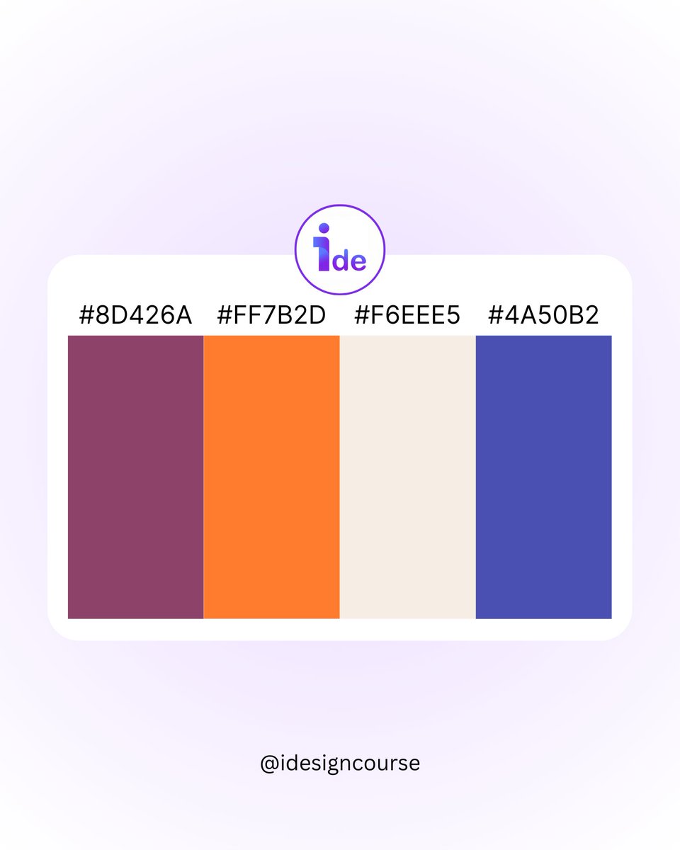 CourseIdesign's tweet image. 🎨 Bold meets balance: #8D426A brings elegance, #FF7B2D sparks energy, #F6EEE5 softens the mood, and #4A50B2 grounds it all. A palette that’s modern, creative &amp;amp; versatile. ✨ #DesignInspiration #ColorPalette #Creativity #iDesignCourse