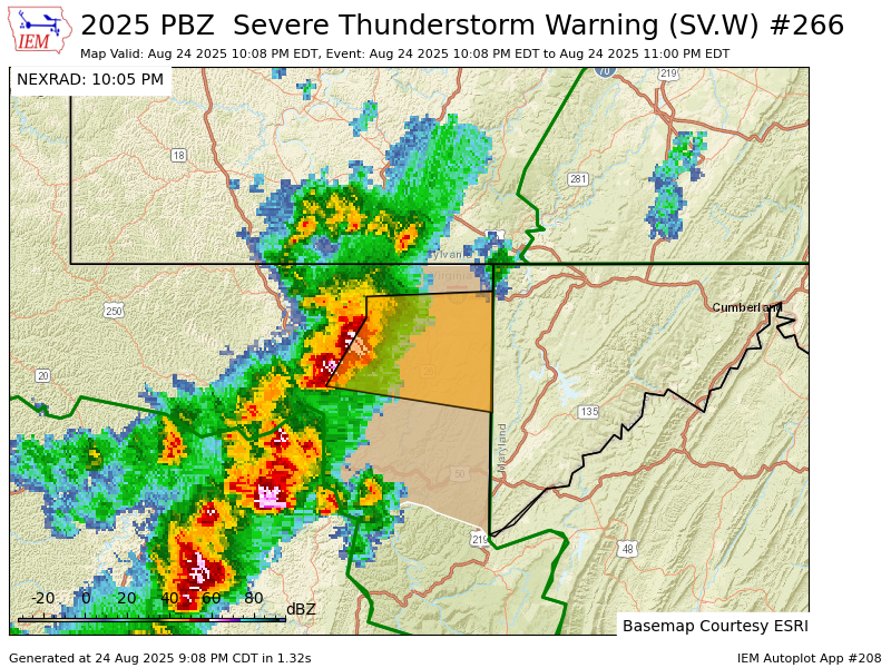 PBZ issues Severe Thunderstorm Warning [wind: 60 MPH (RADAR INDICATED), hail: 0.00 IN (RADAR INDICATED)] for Preston [WV] till 11:00 PM EDT mesonet.agron.iastate.edu/vtec/f/2025-O-…
