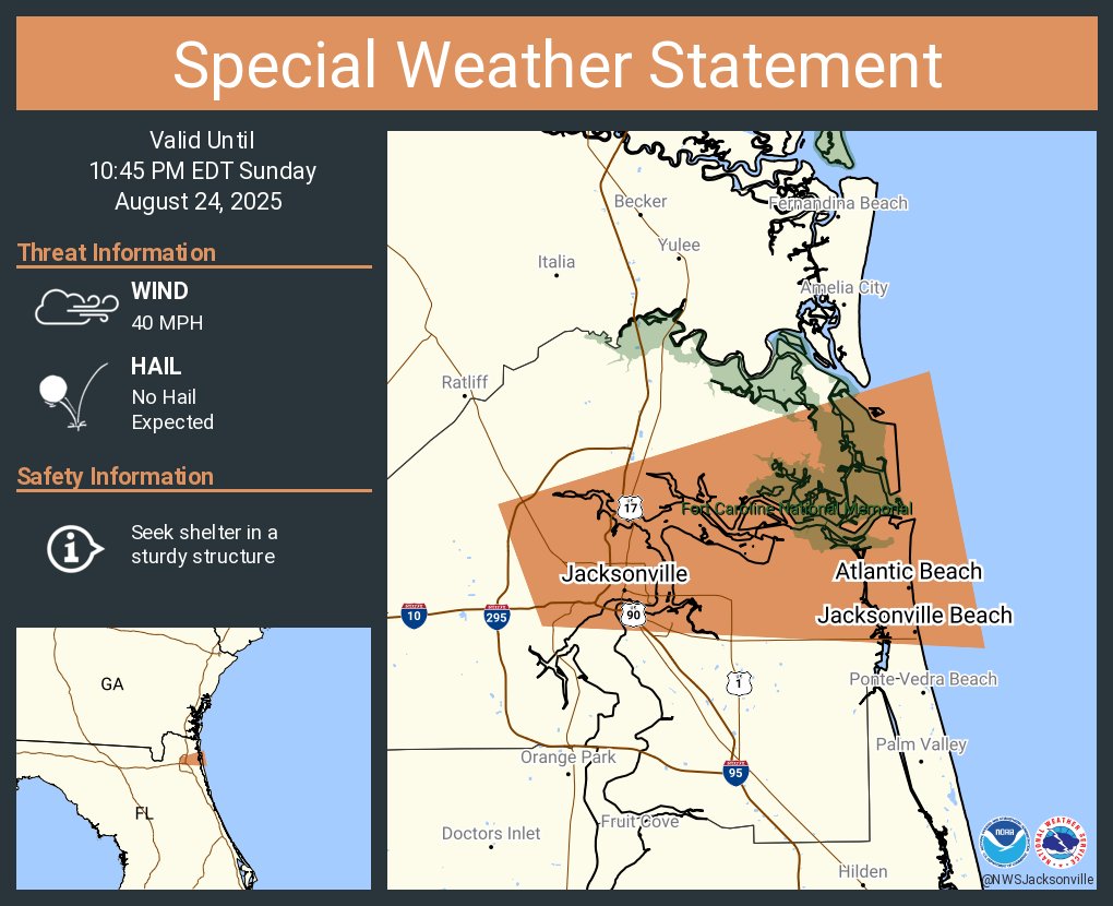 A special weather statement has been issued for Jacksonville FL, Jacksonville Beach FL and  Atlantic Beach FL until 10:45 PM EDT