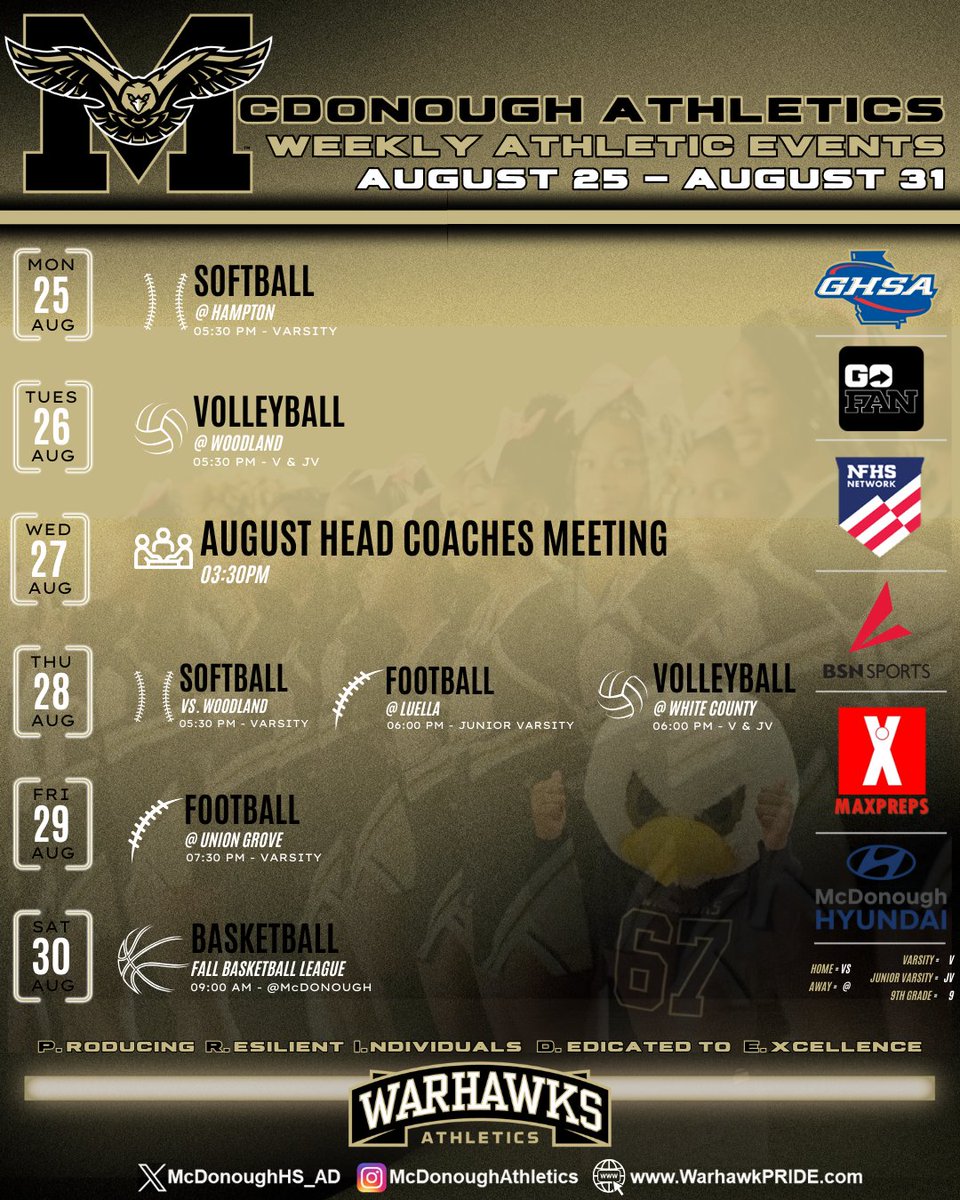 McDonough High Athletics (@mcdonoughhs_ad) on Twitter photo 🗓️McDonough Athletics: WEEKLY EVENTS!
🎟️Purchase game tickets
📺LIVE stream events
🛍️SHOP Warhawks spirit gear
..and more! Click Here: linktr.ee/McDonoughAthle…
📧Enoch.Cohen@henry.k12.ga.us for information concerning digital & physical ADVERTISING opportunities!
#WarhawkPRIDE🦅 🗓️McDonough Athletics: WEEKLY EVENTS!
🎟️Purchase game tickets
📺LIVE stream events
🛍️SHOP Warhawks spirit gear
..and more! Click Here: linktr.ee/McDonoughAthle…
📧Enoch.Cohen@henry.k12.ga.us for information concerning digital & physical ADVERTISING opportunities!
#WarhawkPRIDE🦅