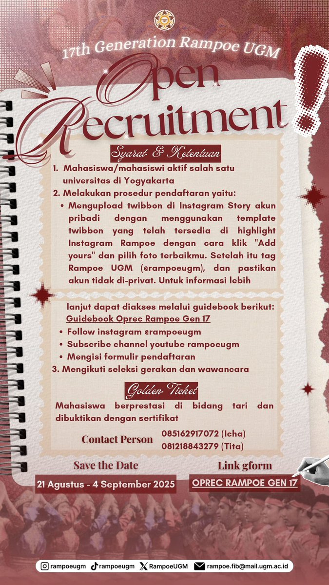 RampoeUGM's tweet photo. ✨ OPEN RECRUITMENT RAMPOE UGM GENERASI 17 ✨

HALOO RAKANS 🪄

Rampoe UGM kembali membuka kesempatan bagi teman - teman untuk mengekspresikan budaya dan semangat kebersamaan melalui Open Recruitment Generasi ke-17😍 https://t.co/9PXVQEdOuA