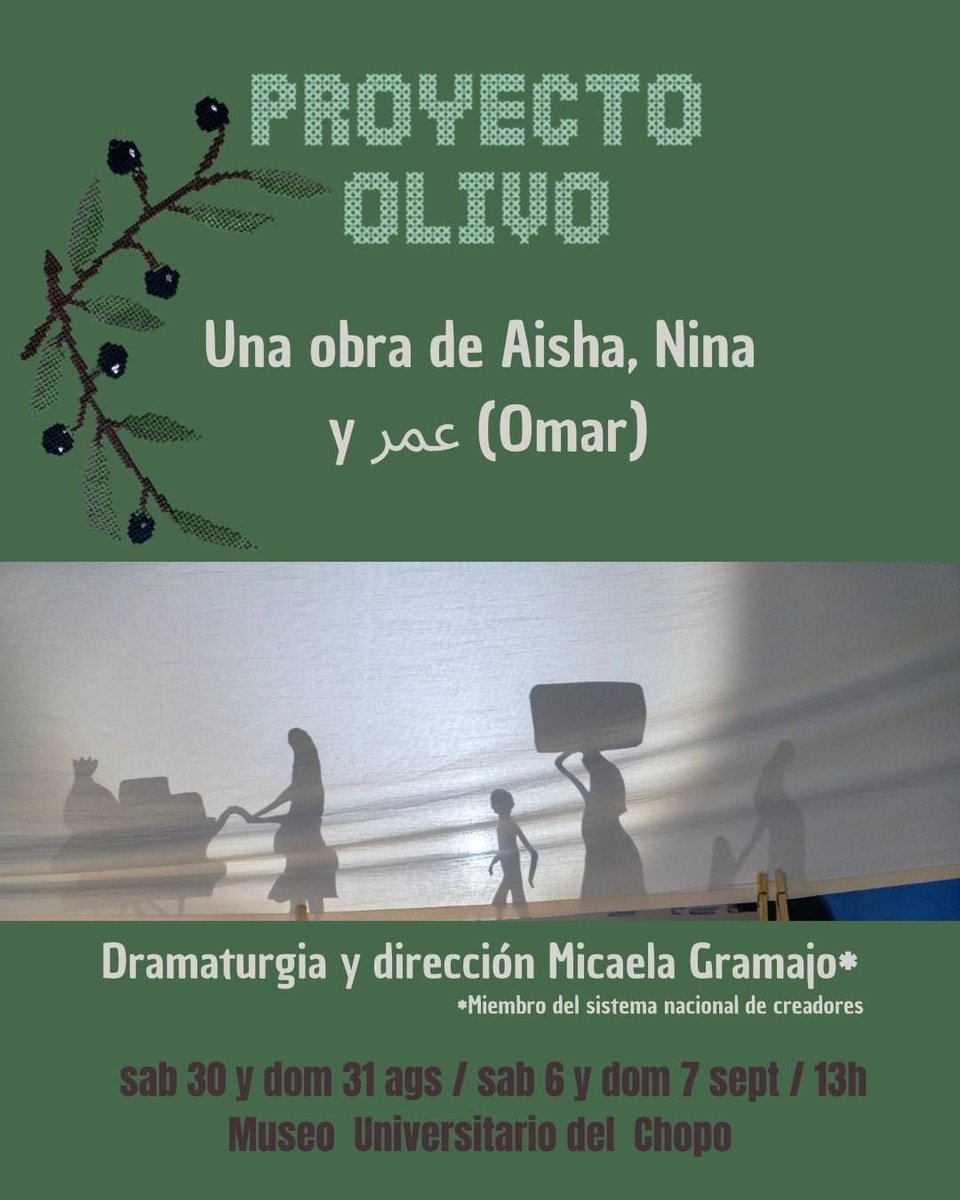 🗝️“Si no regreso yo, regresará mi hija, si no regresa mi hija regresará mi nieta…”

Proyecto Olivo 🫒
Sólo 4 funciones

🗓️ 30 y 31 ags | 6 y 7 sep
🕐 13 hr
📍Museo Universitario del Chopo

🎟️ bit.ly/41pbvXs

#nakba #proyectoolivoteatro #reestreno #palestina #teatrocdmx