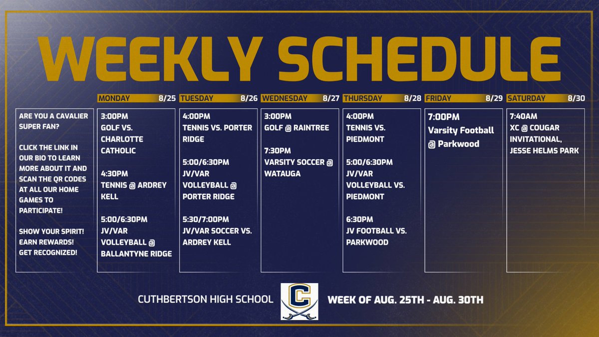 Kicking off the new school year with a full week of athletic events. Come out and support your favorite Cavalier! Let’s Go CAVS! #riseasone
<a href="/AGHoulihan/">Andrew G. Houlihan</a> <a href="/UCPSNCAthletics/">UCPS NC Athletics</a> <a href="/CuthbertsonHSNC/">Cuthbertson High School</a> <a href="/UCPSNC/">Union County Public Schools</a>