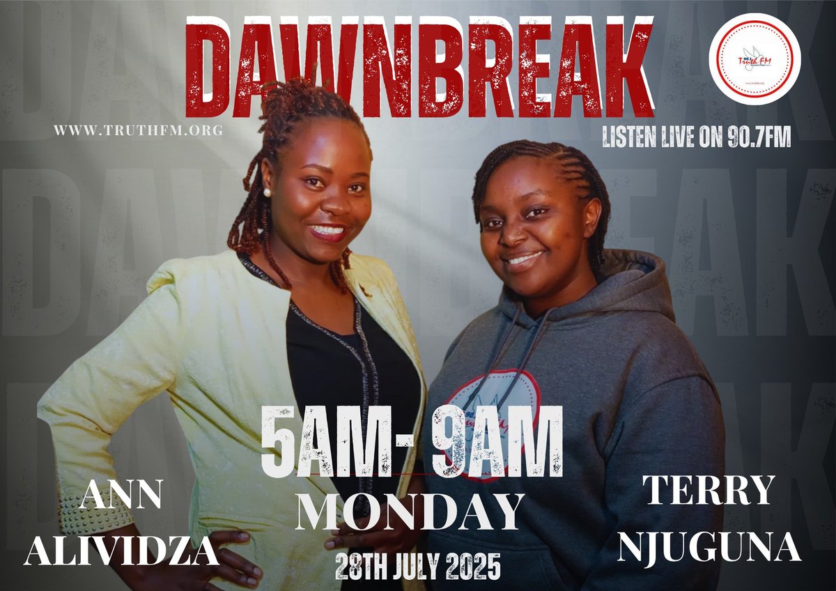 "The Sovereign Lord is my strength; he makes my feet like the feet of a deer, he enables me to tread on the heights." (Habakkuk 3:19).
Join <a href="/terryseih/">terry seih</a>  and <a href="/annealividza/">Anne Alividza</a>  on #DawnBreak #TheBreakfastVoiceOfTheCity
CALL/WHATSAPP 0727907907. Stream Live on truthfm.org.