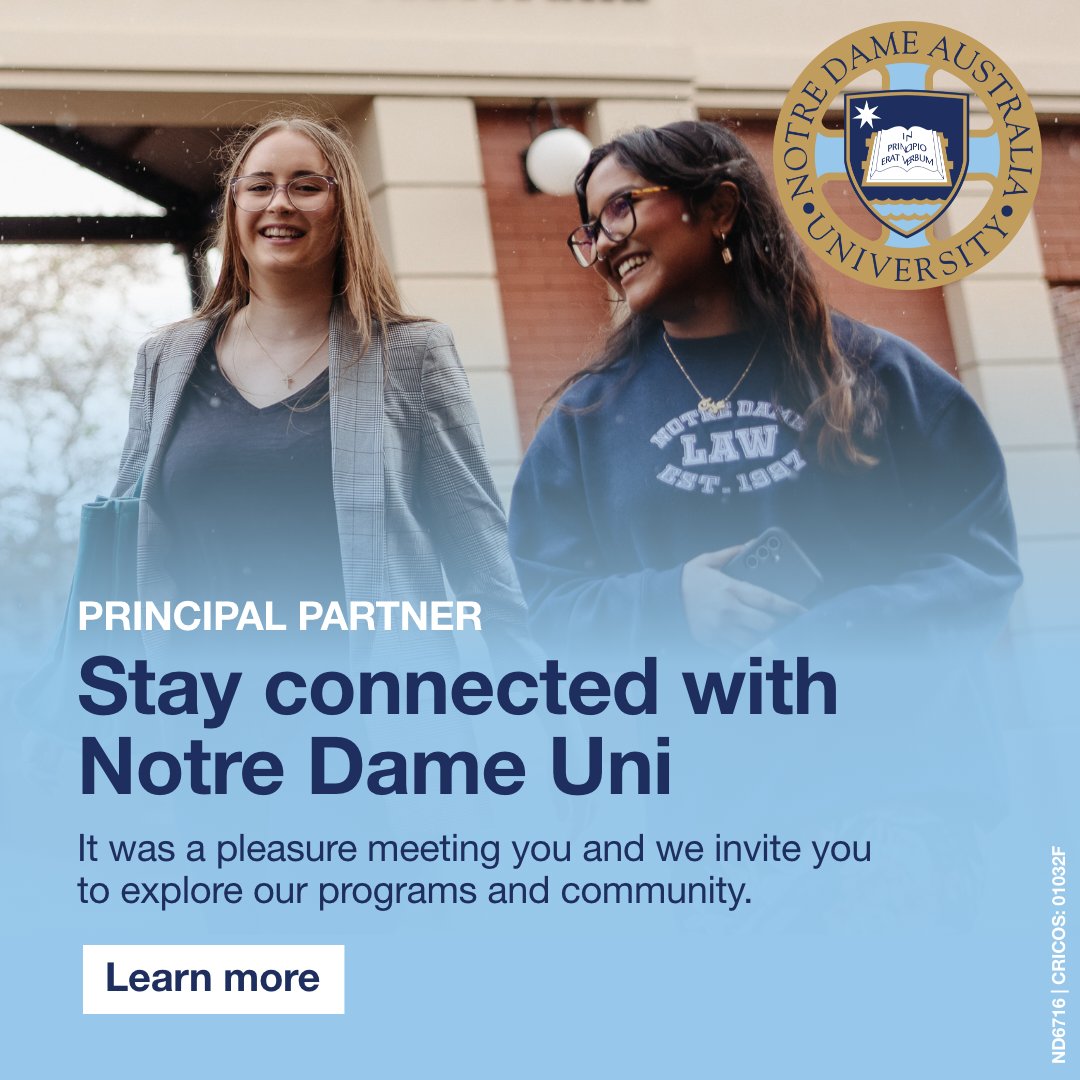 The University of Notre Dame Australia would like to thank all who attended the 2025 Australian Catholic Education Conference. 
Explore their programs for Semester 1 2026 by visiting thier website: bit.ly/45nBxx0
#2025ACEC