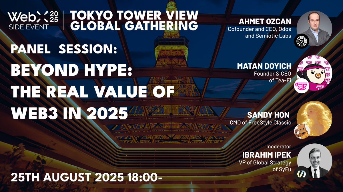 syfuofficial's tweet image. ／
🗼8/25 #SyFu &amp;amp; #ODOS #WebX Side Event
🎙️Panel Discussion (EN) Announced!
＼

Theme: Beyond Hype: The Real Value of Web3 in 2025

Join industry leaders tackling the real products, real impact, and real future of Web3.
⚡ From DeFi to lifestyle apps to new business models—hear…