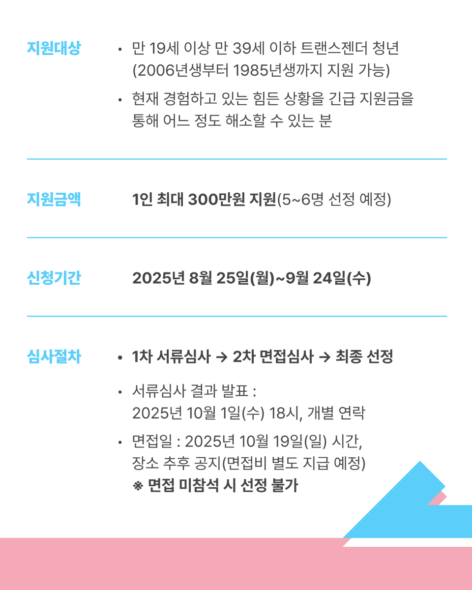 bhsf0227's tweet photo. 🏳️‍⚧️ 2025-2026 트랜스젠더 청년 긴급 생활비 지원사업 공고🏳️‍⚧️

👉 자세한 안내와 신청서류는 변희수재단 준비위원회 홈페이지 공지사항 확인! https://t.co/zVLgToUfb0 📢 https://t.co/5OXaVaNc9Z