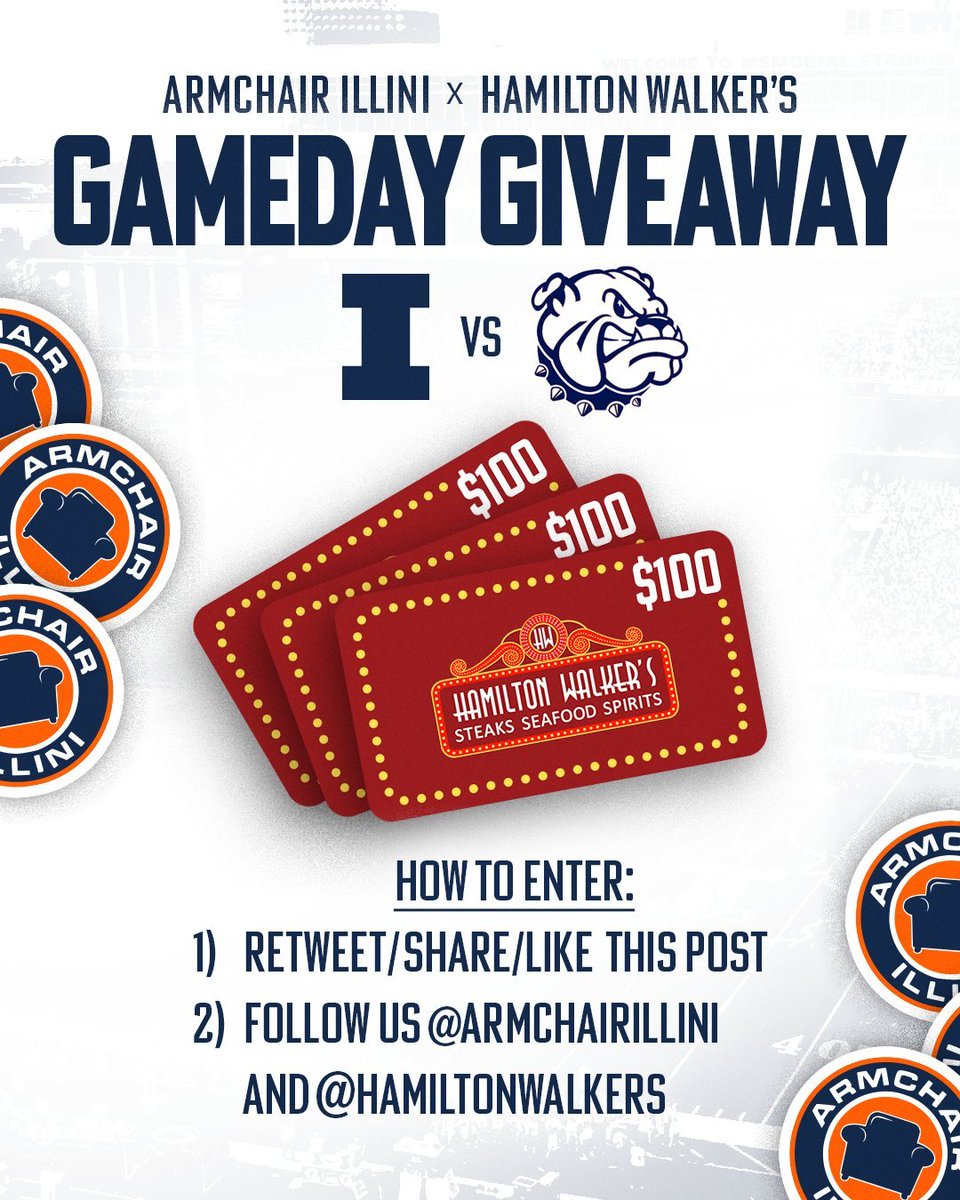 ArmchairIllini's tweet image. 🚨 GIVEAWAY ALERT 🚨
We’ve teamed up with @hamiltonwalkers  to hook one lucky Illini fan up with a $100 gift card! 🥩🍷
All you have to do:
✅ Like this post
✅ Share this post