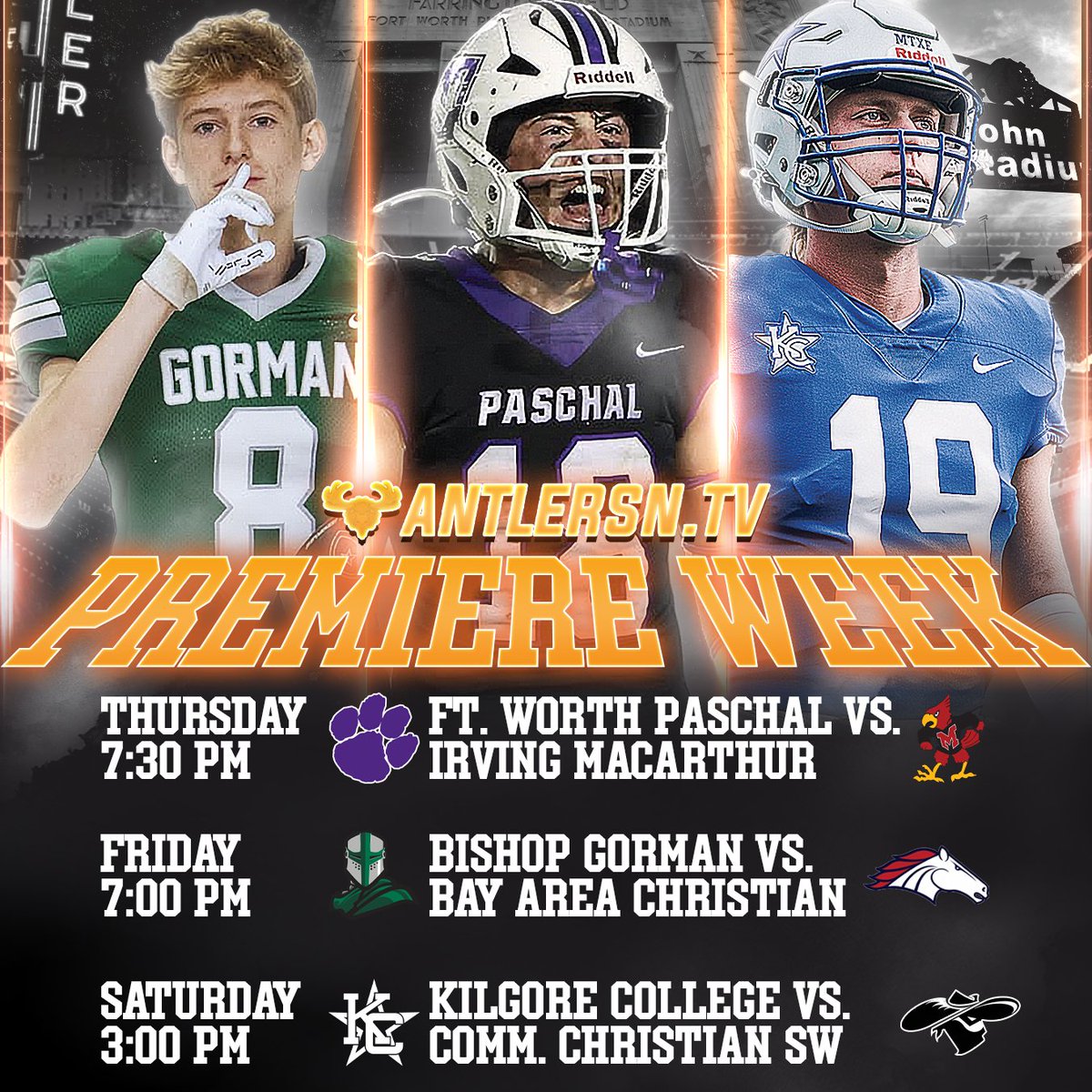 FOOTBALL. IS. BACK! 
Thu: <a href="/paschalhsfball/">Paschal Football</a> vs. <a href="/MacArthurTX/">MacArthur Cardinals Recruiting/APT</a>
Fri: <a href="/GormanTXFB/">Bishop Gorman Football</a> vs. <a href="/BacsFootball/">Bay Area Football</a>
Sat: #11 <a href="/KC_MTXE/">Kilgore College Football</a> vs. <a href="/SWRaidersFB/">Southwest Raiders Football</a>

Watch at 🫎antlersn.tv and on the ASN Roku App