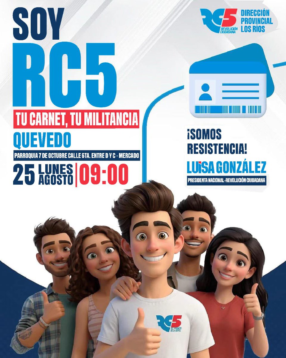 ¡ CARNETIZATE !

"¡Atención militancia de Quevedo!�Mañana estaremos carnetizando en la Parroquia 7 de octubre calle 6ta entre D y C (Mercado de la 6ta), obtén tu carnet de militante de la Revolución Ciudadana”

🖥️ Regístrate aquí:
 …ymilitante.revolucionciudadana.com.ec

#Carnetización2025