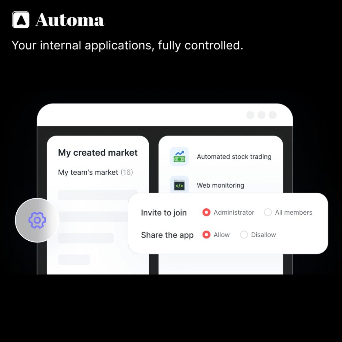 Your Internal Apps, Fully Controlled
With Automa’s Custom App Marketplace, you get a centralized marketplace where your team can access all internal apps
Get free trial and tailored demo: automa.site/book-a-demo
#RPA #automation #Workflow  #marketplace
