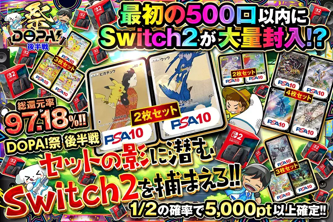🔥🌈DOPA!祭🌈🔥

🎮総還元率97.18%!!
🎮1/2の確率で5.000pt以上確定!!
🎮最初の500口以内にSwitch2が大量封入!?

💥セットの影に潜むSwitch2を捕まえろ!!💥
販売開始(bit.ly/4g5hRA5)

フォロー&amp;RP&amp;いいねで
1名様に2,000ptプレゼント🎁
〆切 24時

#DOPA祭
