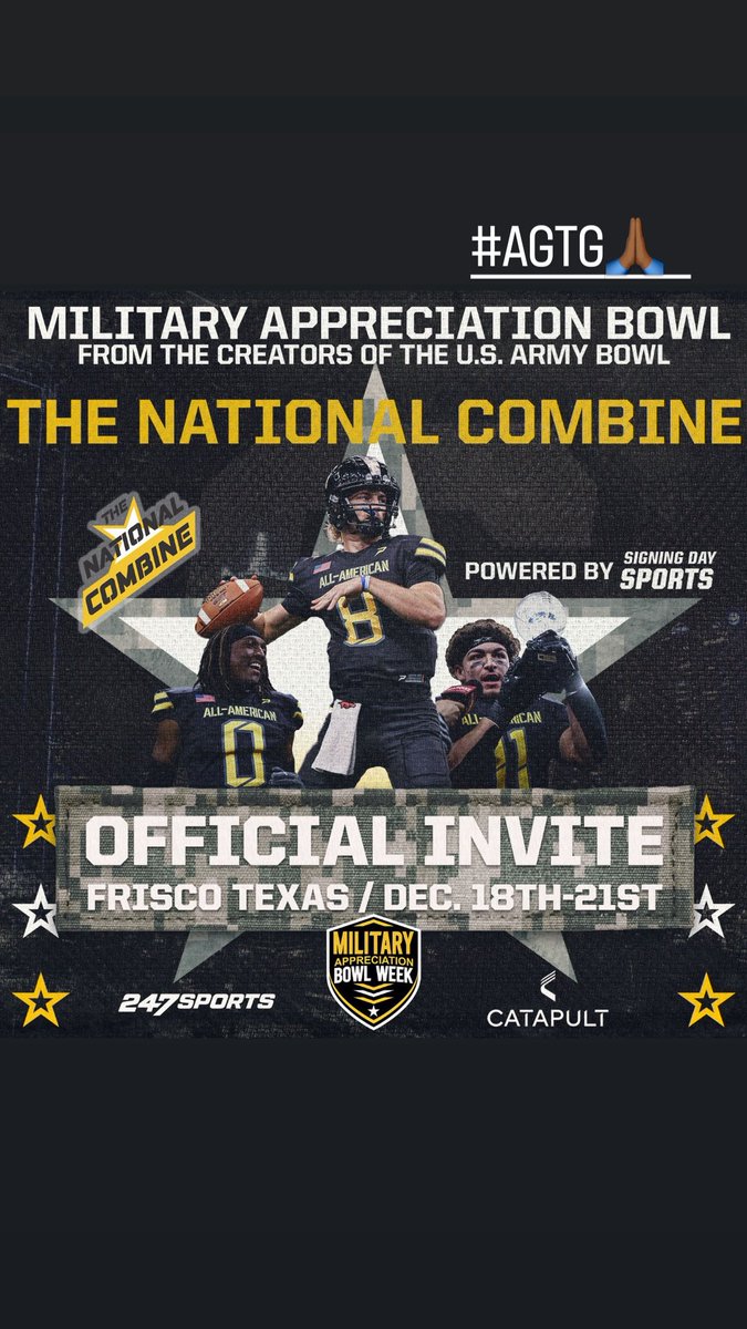 Honored to announce that I’ve been invited to the US Army All American Combine. <a href="/FCoston41738/">Coach Frank Coston</a>   Excited for the opportunity to compete and showcase my skills against some of the best athletes in the nation. #USArmyBowl #Football #Recruiting