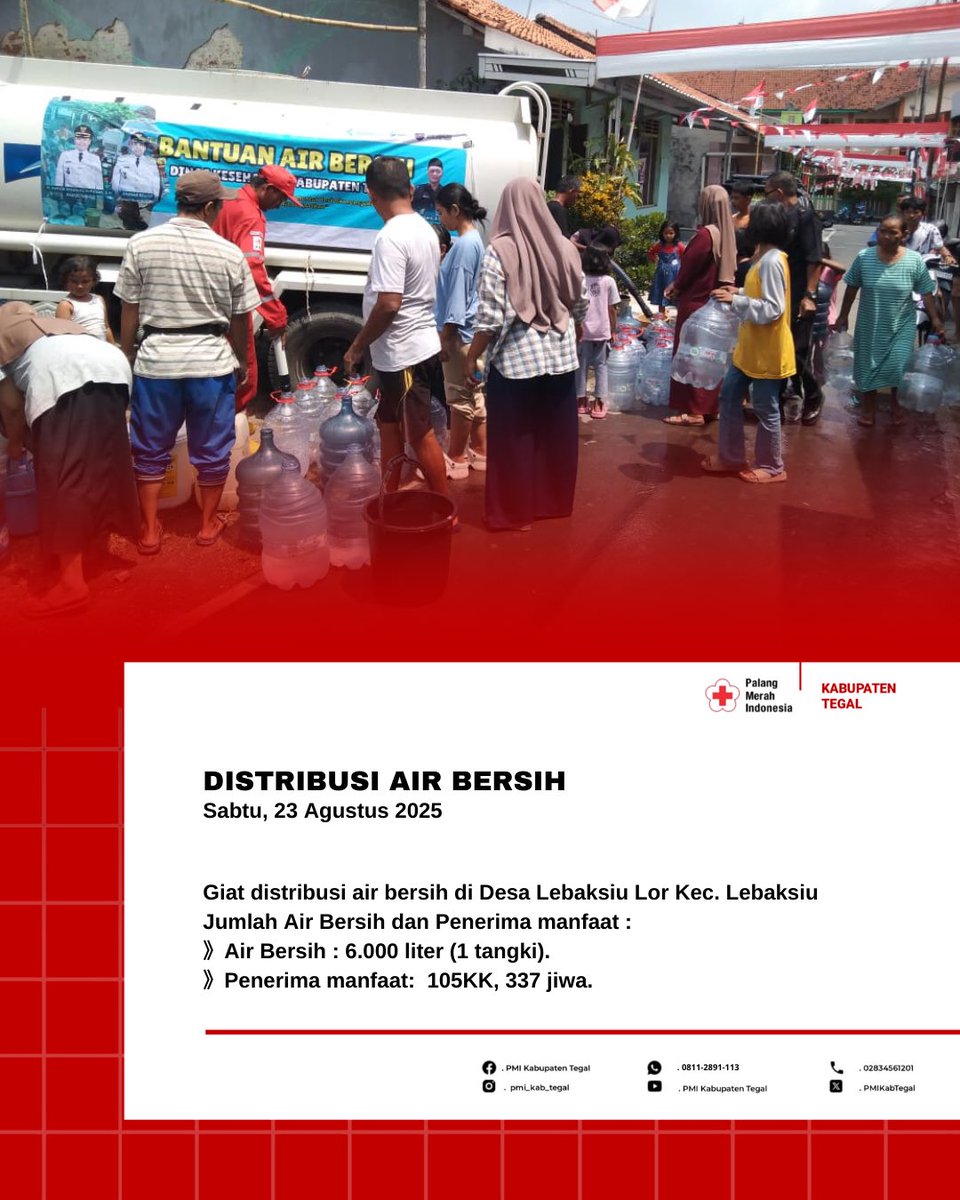 Kab. Tegal - Jateng l Sabtu (23/08).

Giat distribusi air bersih di Desa Lebaksiu Lor Kec. Lebaksiu

Jumlah Air Bersih dan Penerima manfaat :

》Air Bersih : 6.000 liter (1 tangki).
》Penerima manfaat:  105KK, 337 jiwa. 

#PMIKabTegal
#PMISelaluBantu
#MenolongSepenuhHati