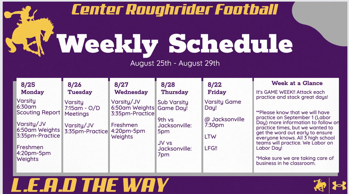 Game week! 

Center Roughriders Football Week at a Glance 

#LEADtheWay 

LFG!! 

<a href="/RidersAthletics/">Center Roughriders Athletics</a> 
<a href="/Recruit_Riders/">Recruit_Roughriders</a>