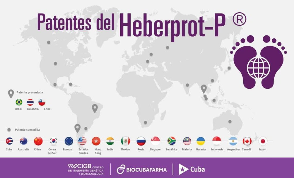 Con #Heberprot_P se han beneficiado más de 450000 pacientes en 35 países, incluido Cuba. Diseñado por el <a href="/CIGBCuba/">CIGBCuba</a>, cuenta con patentes concedidas en países como México 🇲🇽, Estados Unidos 🇺🇸, Canadá 🇨🇦, Unión Europea 🇪🇺, Japón 🇯🇵, Australia 🇦🇺, entre otros.
