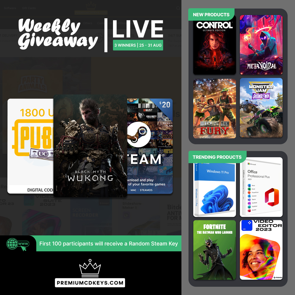 Our Weekly #Giveaway is Live!

Participate for a chance to win Black Myth Wukong Steam, #Steam $20 USD Gift Card and #PUBG Mobile 1800 UC Gift Card.

To participate visit: premiumcdkeys.com/pages/weekly-g…

#Contest ends on 31 August 2025, 3 Winners will be selected randomly! #Giveaways