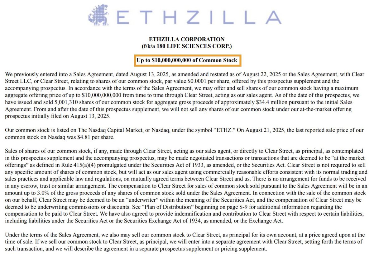 cryptokakarot's tweet image. ETHZILLA HA LANZADO UN PROGRAMA PARA COMPRAR +10 MIL MILLONES DE DÓLARES EN ETHEREUM

Para el que no lo entienda, el sistema es similar a lo que hace Strategy de Michael Saylor, emiten nuevas acciones de la empresa, que cotiza en Nasdaq, las venden, y con eso compran ETH para su…
