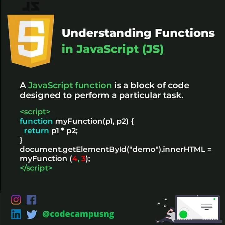 codecampusng's tweet image. Want to learn more programming concepts and tips.? 📷
📷📷📷📷📷📷📷📷
Follow @codecampusng for more
Understanding Functions in JavaScript
A JavaScript function is a block of code designed to
perform a particular. 
#programming #codecampusng #codingbootcamp #abuja
