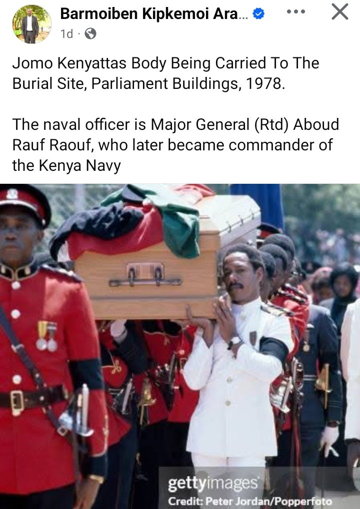 Great historical reminder from Barmoiben. Major General (Rtd) Aboud Rauf Raouf stood out here in 1978 as a Kenya Navy pallbearer in the sea of red and blue during Jomo Kenyatta's funeral, also as a member of the Bajuni community. He should have written a book on his career.