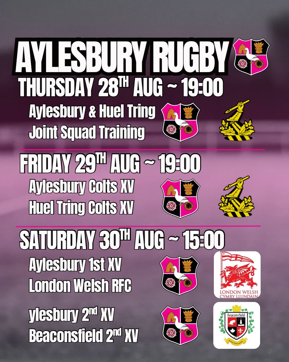 💗🖤 PRE-SEASON @ Ostler’s Field 🖤💗

Thu 28 Aug 7pm – Joint training v Huel Tring
Fri 29 Aug 8pm – Colts v Huel Tring Colts
Sat 30 Aug 3pm – 1st XV v London Welsh | 2nd XV v Beaconsfield 2s

Come support the Magenta &amp; Black! #COYAs