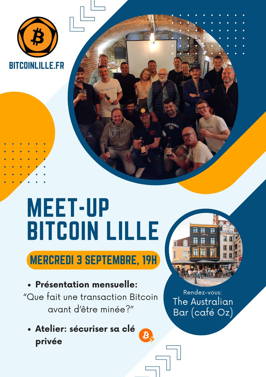 📢 Prochain meet-up: 📢

Tu as déjà entendu parler de Bitcoin mais ne sais ni ce que c'est, ni comment cela marche?
Notre prochain meet-up est fait pour toi😉

🗓️ Date: mercredi 3 septembre, dès 19h
📌Lieu: L'Australian Bar (café Oz), à Lille

Inscription: meetup.com/bitcoinmeetupl…