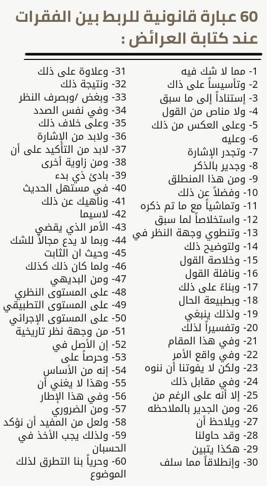 60 عبارة للربط بين الفقرات والجمل في الصياغة القانونية