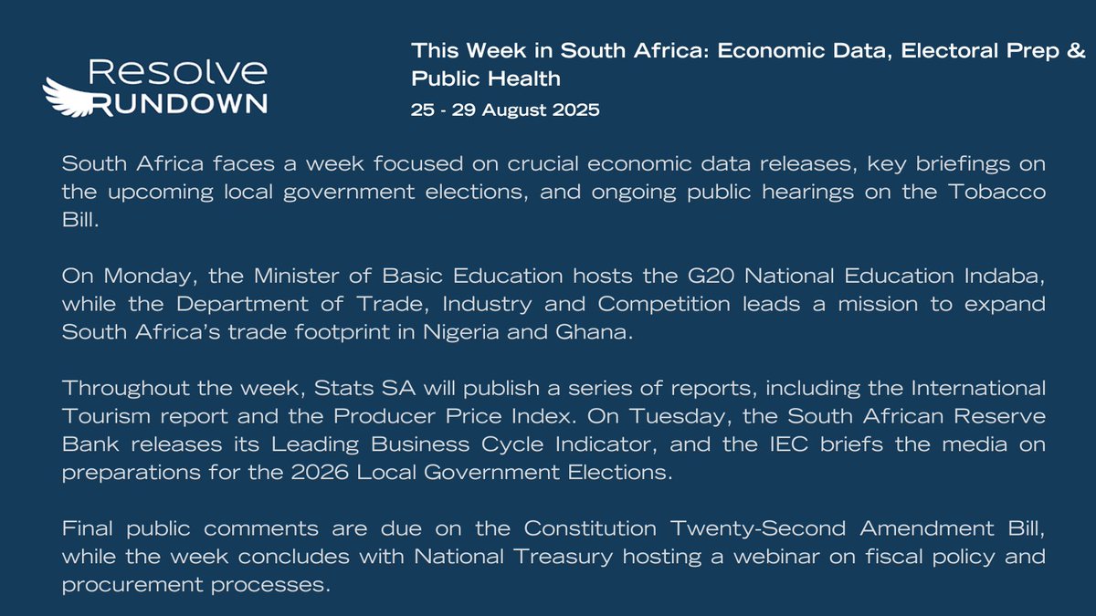 This week in South Africa: Stats SA publishes key reports, including the July PPI. The IEC briefs on the 2026 local elections, and public comment closes on the Constitution Bill.

Read: resolvecommunications.co.za/resolve-rundow…

#SouthAfrica #politics