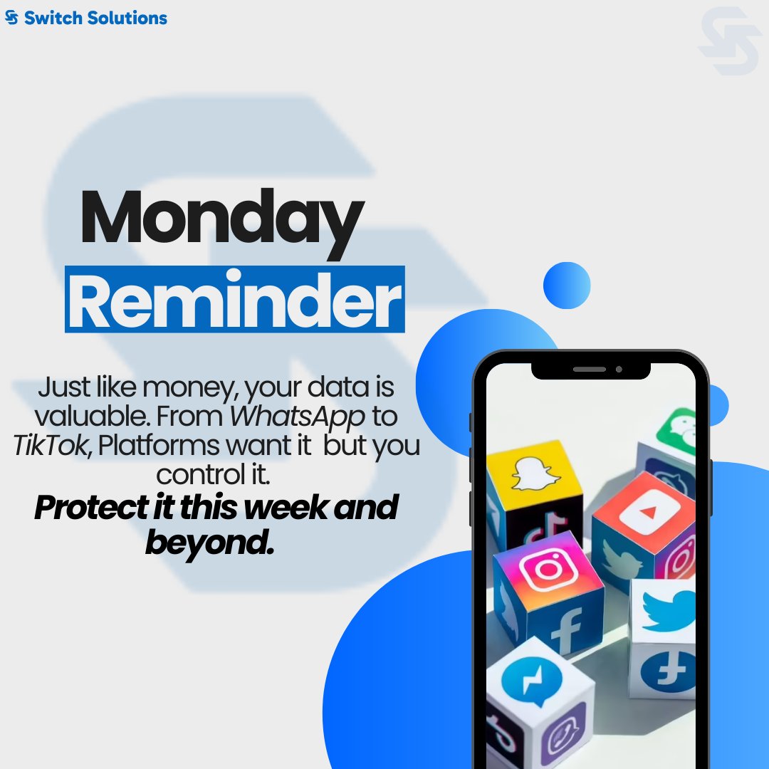 switchsolution_'s tweet image. It’s Monday Your data is gold. Apps want it, hackers chase it but YOU control it. Guard it wisely. #DataMatters #StaySecure