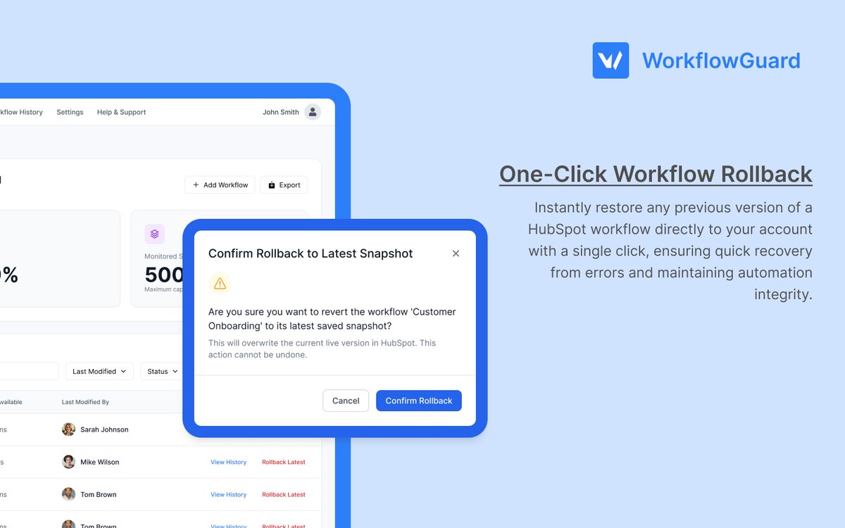 workflowguard's tweet image. Accidentally messed up a HubSpot workflow? Don't panic! Our new One-Click Workflow Rollback feature lets you instantly restore any previous version. Quick recovery, zero stress. #HubSpot #MarketingAutomation #SaaS #workflows #HubSpotCRM