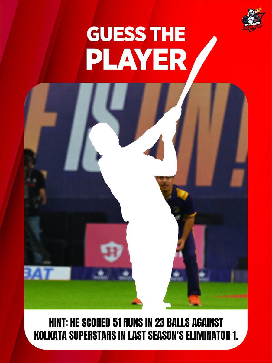 Agar tum asli Bashers fan ho, toh batao yeh kaun hai? 🕵️‍♂️
Hint: Eliminator 1 = 51 off 23 vs Kolkata Superstars! 🔥
Answer in comments 👇"
#BangaloreBashers #ECLT10 #Cricket #PandaGang #Season3 | <a href="/eclt10league/">Entertainers Cricket League</a> (Bangalore Bashers, ECL, Cricket, Panda Gang, Season 3, Eliminator 1)