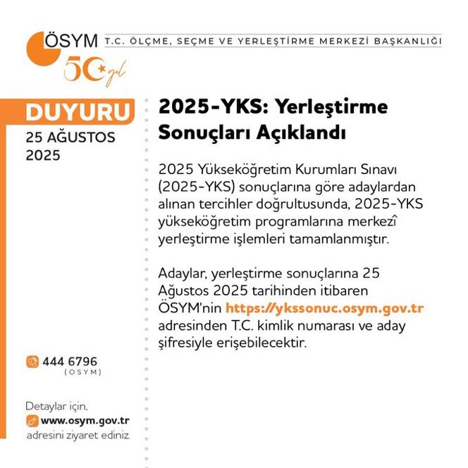 2025-YKS: Yerleştirme Sonuçları Açıklandı.

osym.gov.tr/TR,33436/2025-…