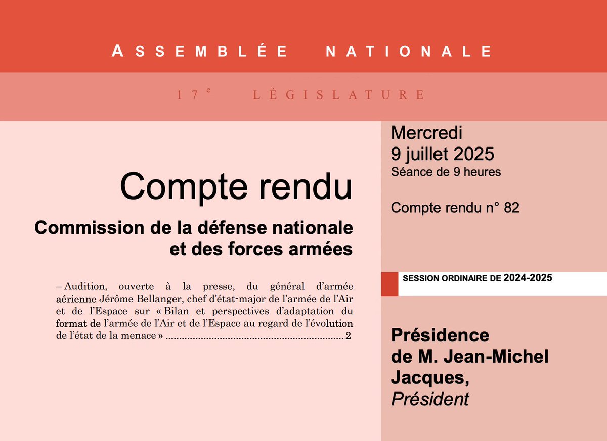 Commission de la Défense (@an_defense) on Twitter photo 📙 Le compte-rendu de l'audition du général d’armée aérienne Jérôme Bellanger, <a href="/CEM_AAE/">Chef d'état-major armée de l'Air et de l'Espace</a>, sur le bilan et les perspectives d’adaptation du format de l'<a href="/Armee_de_lair/">Armée de l'Air et de l'Espace</a> au regard de l’évolution de l’état de la menace est en ligne 👉 assnat.fr/UUhaVx.
#Défense #DirectAN 📙 Le compte-rendu de l'audition du général d’armée aérienne Jérôme Bellanger, <a href="/CEM_AAE/">Chef d'état-major armée de l'Air et de l'Espace</a>, sur le bilan et les perspectives d’adaptation du format de l'<a href="/Armee_de_lair/">Armée de l'Air et de l'Espace</a> au regard de l’évolution de l’état de la menace est en ligne 👉 assnat.fr/UUhaVx.
#Défense #DirectAN
