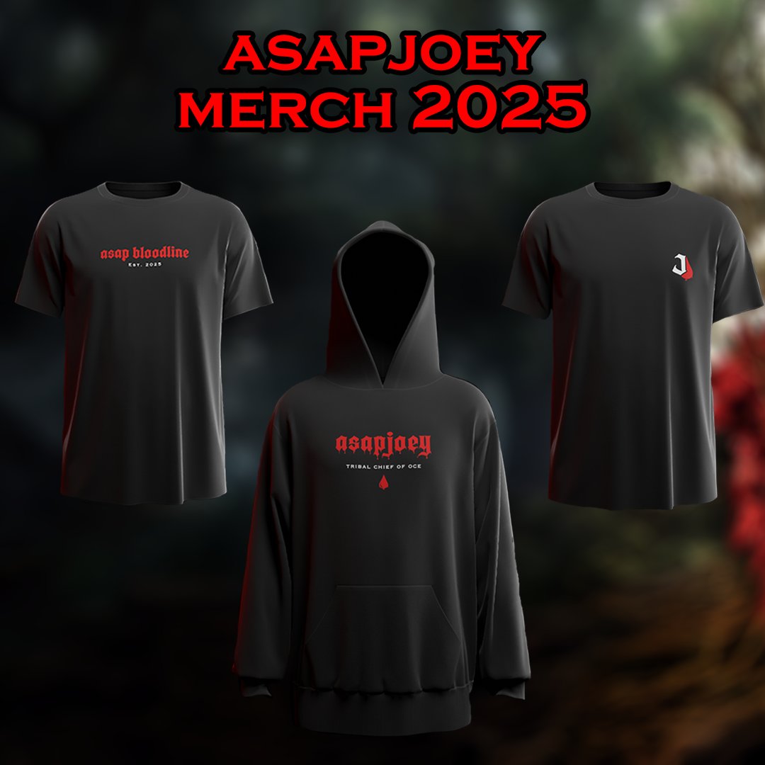 asapjoeyx's tweet image. 🩸asapjoey 2025 merch reveal 🩸

very proud to show you guys the final designs of my merch! the individual themes of  'the tribal chief of OCE', 'bloodline origins' and 'classic logo' i wanted moreso as streetwear versus what standard streamer merch is. all merch output will be…