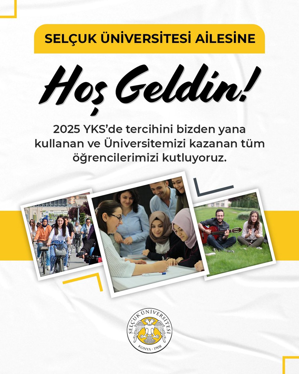 Selçuk Üniversitesi ailesine katılan tüm öğrencilerimizi tebrik ediyoruz 👏❣️Bilim, kültür ve sosyal yaşamın merkezinde, güçlü akademik kadromuz ve zengin imkânlarımızla sizi bekliyoruz. 💫

Aramıza hoş geldiniz! 🫶

#SelçukÜniversitesi 🏆