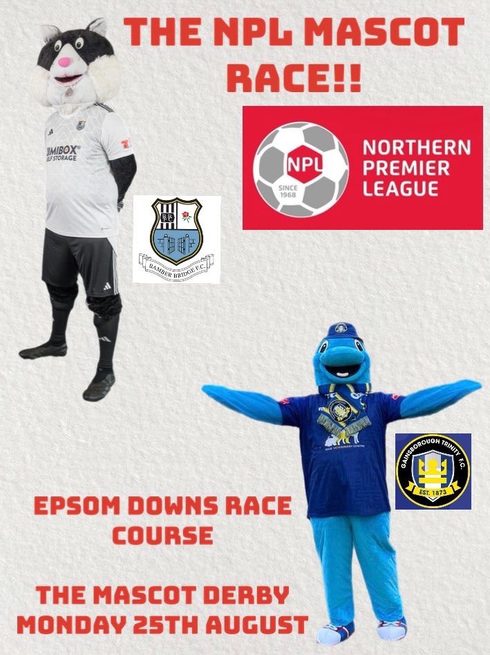 The Brig Cat (@thebrigcat) on Twitter photo Today’s the day of the Mascot Derby at <a href="/EpsomRacecourse/">Epsom Downs Racecourse</a>
For the first time we have a <a href="/NorthernPremLge/">The Pitching In Northern Premier League</a> battle between me and Trenton the Dolphin from <a href="/GainsTrinityFC/">Gainsborough Trinity</a>
This is it!! 5th time lucky?
<a href="/BamberBridgeFC/">Bamber Bridge FC</a> <a href="/NPLChat/">The NPL Chat Podcast</a> Today’s the day of the Mascot Derby at <a href="/EpsomRacecourse/">Epsom Downs Racecourse</a>
For the first time we have a <a href="/NorthernPremLge/">The Pitching In Northern Premier League</a> battle between me and Trenton the Dolphin from <a href="/GainsTrinityFC/">Gainsborough Trinity</a>
This is it!! 5th time lucky?
<a href="/BamberBridgeFC/">Bamber Bridge FC</a> <a href="/NPLChat/">The NPL Chat Podcast</a>