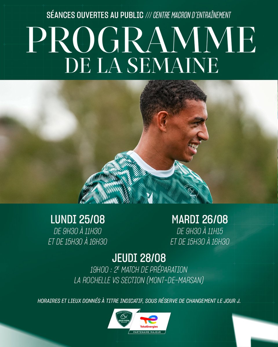 Section Paloise Béarn Pyrénées (@sectionpaloise) on Twitter photo 📆 Le programme de la semaine pour nos Vert et Blanc !
🏉 Deuxième match de préparation jeudi soir à Mont-de-Marsan face à La Rochelle.
🎟️ La billetterie 👉 bit.ly/3UT57ns 
#HonhaSection 📆 Le programme de la semaine pour nos Vert et Blanc !
🏉 Deuxième match de préparation jeudi soir à Mont-de-Marsan face à La Rochelle.
🎟️ La billetterie 👉 bit.ly/3UT57ns 
#HonhaSection