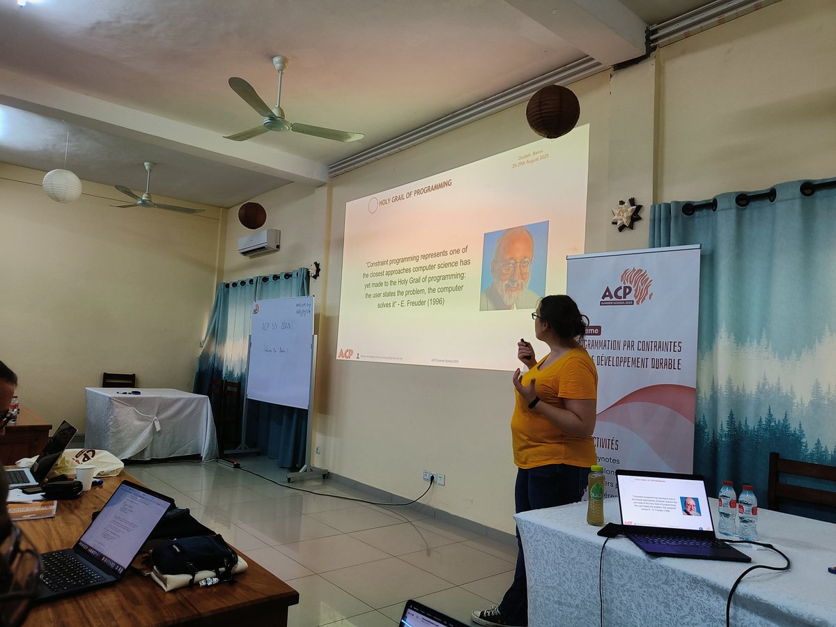 johnaoga's tweet image. The ACP summer school @Acpss2025 in Bénin has begun and @helenelnx is talking about CP basic and optimization this morning. "CP is the holy grail of programming"