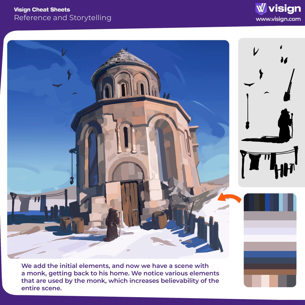 visignacademy's tweet image. Small scenes, strong stories! With a few simple references + the round hard brush, you can build a scene that feels believable – and looks great.
Try it out 👇
#visigncheatsheet #illustrationtips #visualstorytelling #arttips