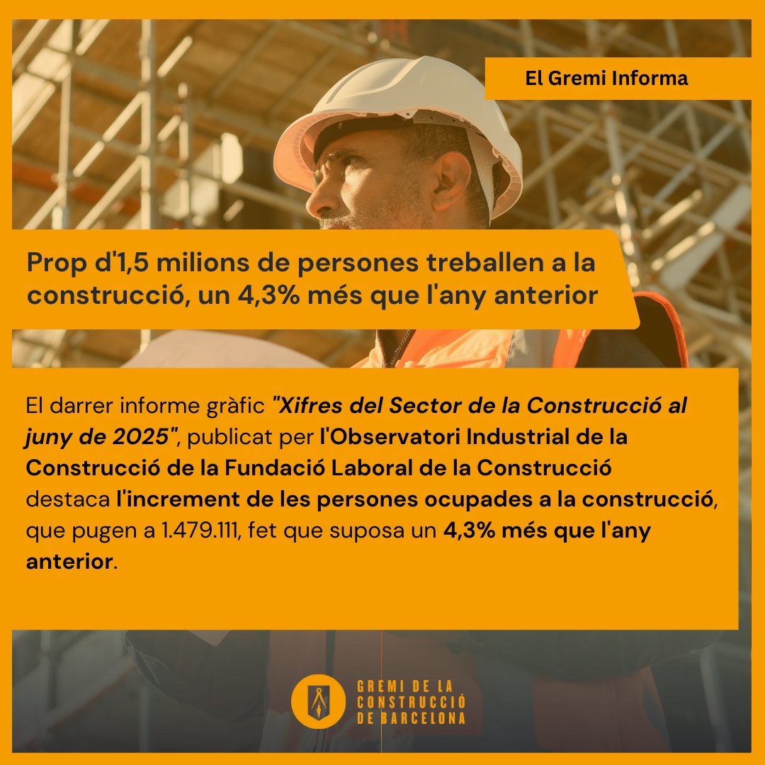 Gremi de la Construcció de Barcelona (@constructorsbcn) on Twitter photo L'informe "Xifres del Sector de la Construcció al juny de 2025", publicat per l'Observatori Industrial de la Construcció de la <a href="/FLCconstruccion/">Fundación Laboral de la Construcción</a>
destaca l'increment de les persones ocupades a la construcció, que pugen a 1.479.111, fet que suposa un 4,3% més que l'any anterior. L'informe "Xifres del Sector de la Construcció al juny de 2025", publicat per l'Observatori Industrial de la Construcció de la <a href="/FLCconstruccion/">Fundación Laboral de la Construcción</a>
destaca l'increment de les persones ocupades a la construcció, que pugen a 1.479.111, fet que suposa un 4,3% més que l'any anterior.