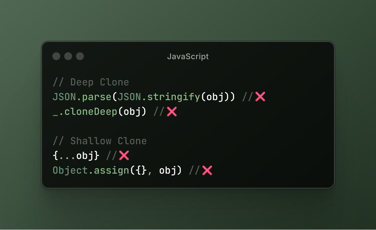 Si vous utilisez une de ces quatre méthodes pour cloner un objet en JavaScript... Le calvaire est terminé ! 😱

Vous pouvez enfin utiliser une méthode dédiée et native 👇
code-garage.com/blog/faire-un-…

#programming #javascript
---
Suivez-mon compte pour ne rater aucune publication 🔔